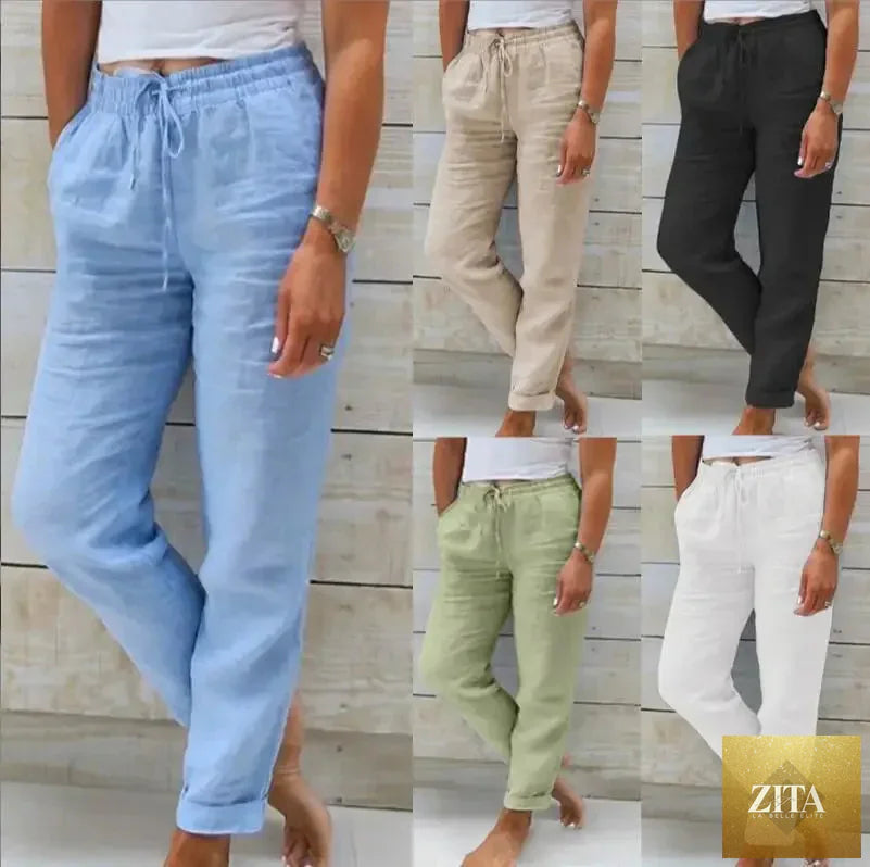 Cotton linen summer high waist casual pants for women, elastic, loose fit, streetwear style, solid color by Ladyez.