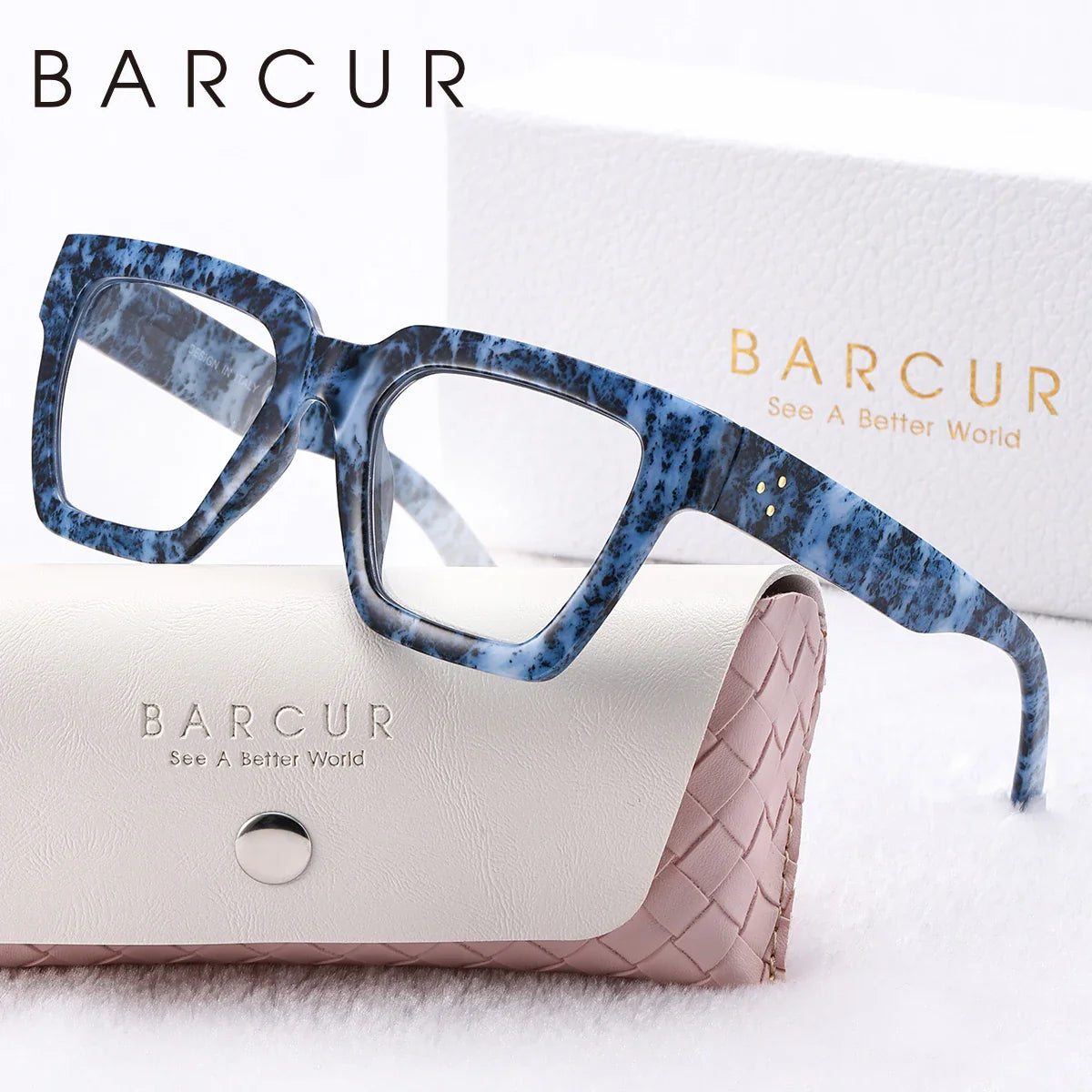 Stevvex pink fashionable large square reading glasses with thick frame, blue light blocking, in white gift box, suitable for home and office.