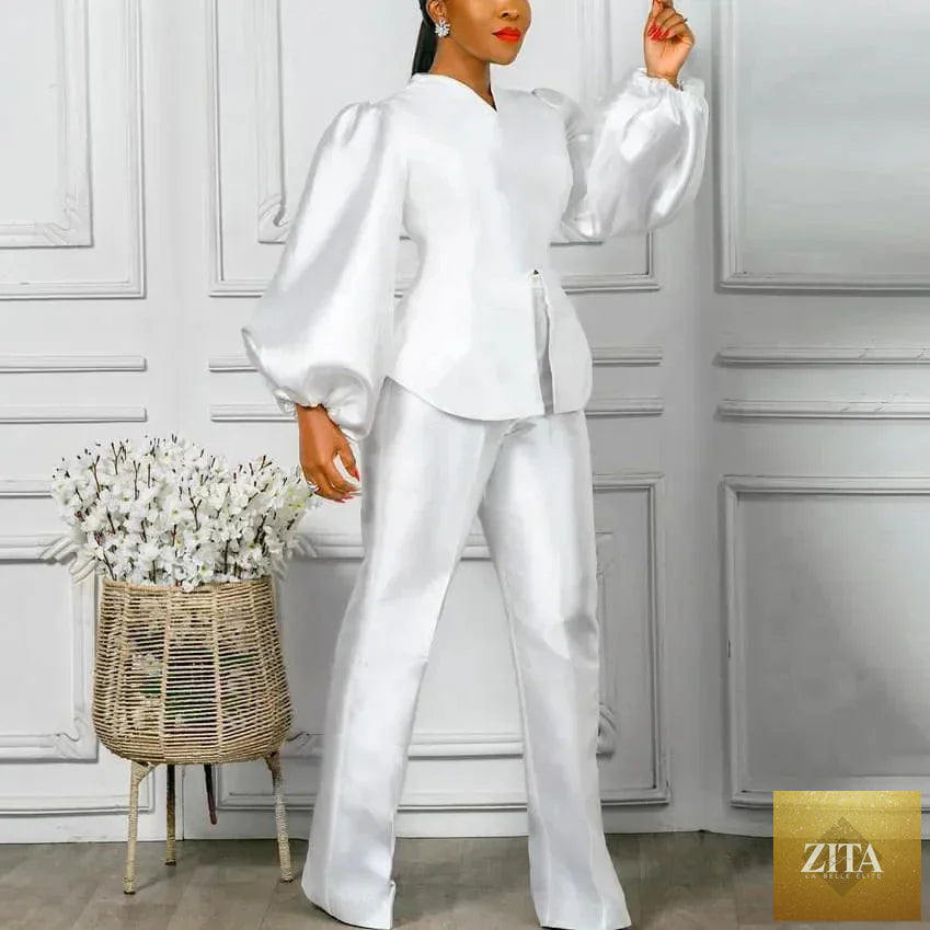 Elegant office ladies 2-piece pants set with a satin blouse and long trousers, featuring a sleek, straight fit for professional wear.