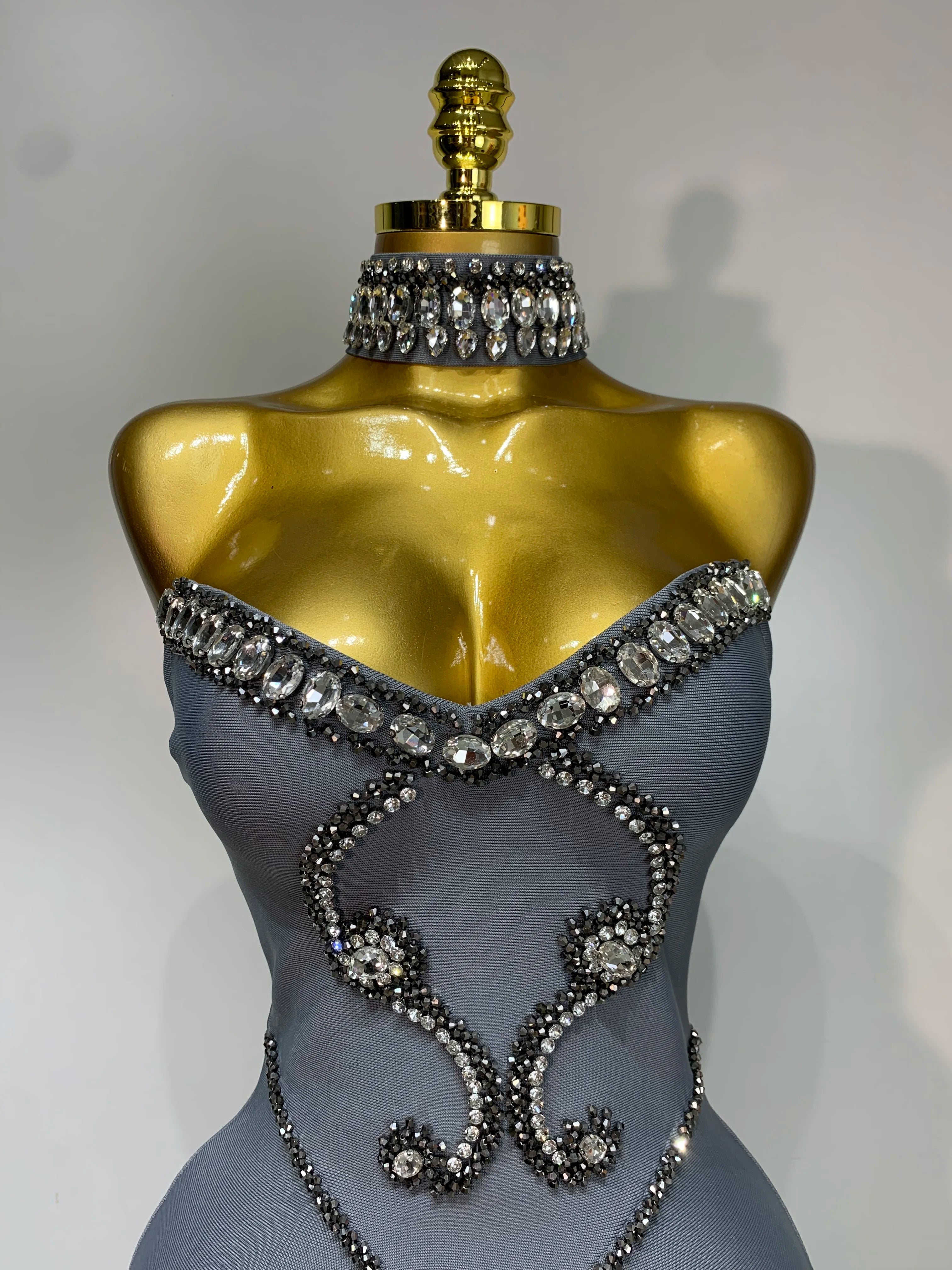 Elegant strapless beaded bandage dress by FLIPSTYLEZLLC, featuring a necklace design, perfect for evening parties and special occasions.
