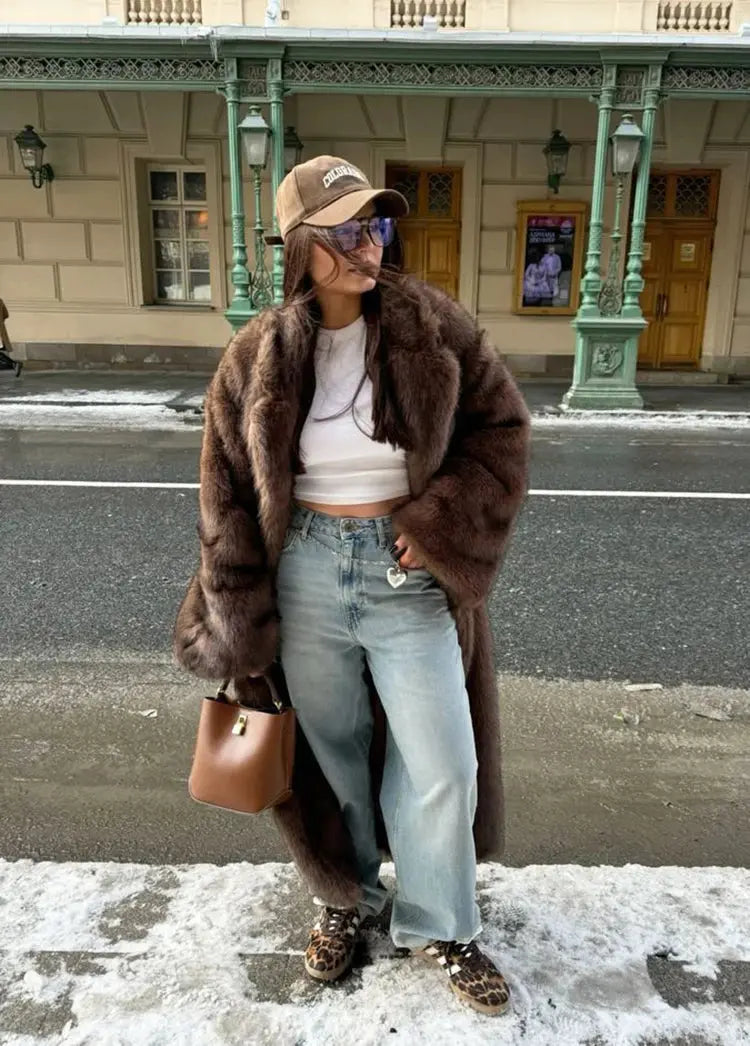 ZADORIN 120cm Super Long Luxury Winter Brown Faux Fur Coat Woman Elegant Belted Lapel Thick Fluffy Fur Jacket High Quality Coats ZITA LA BELLE ÉLITE