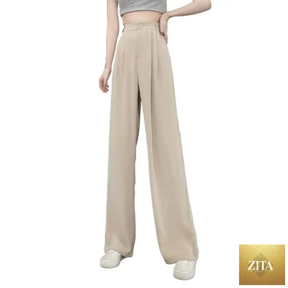 Women’s high waist straight wide-leg trousers by Ladyez, solid color office pants with elastic waistband and slant pockets.