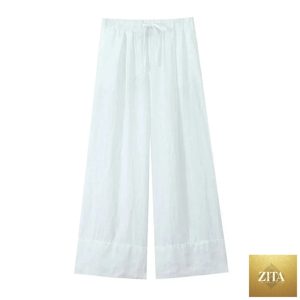 Ladyez women's white cotton linen long wide-leg pants with elastic waist and sash, perfect for spring and summer casual wear.