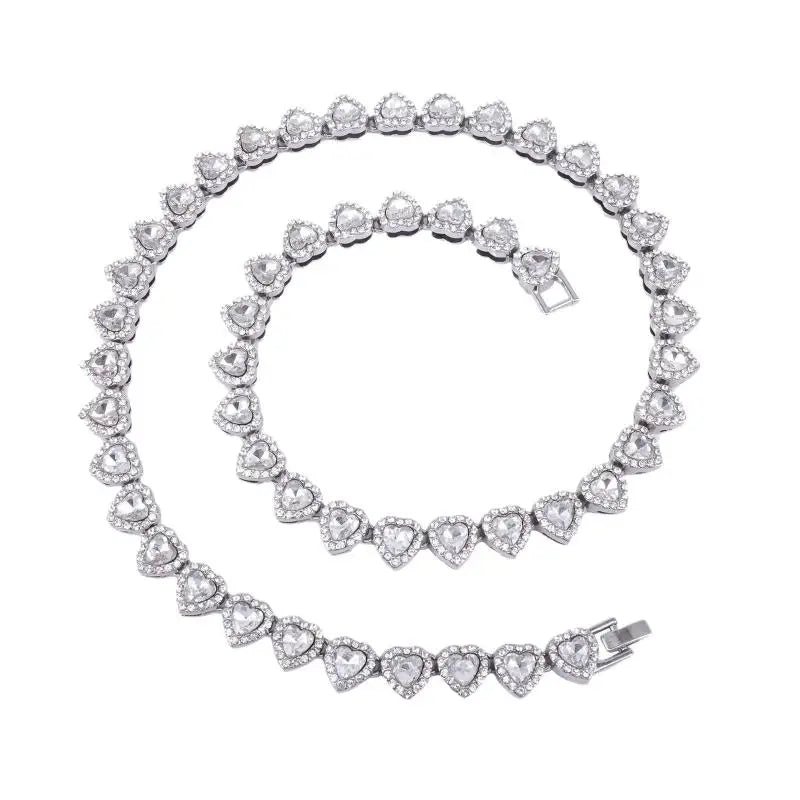 Shiny 45cm hip hop tennis chain bracelet necklace with rhinestone heart pendant, CZ stones, FLIPSTYLEZLLC fashion jewelry