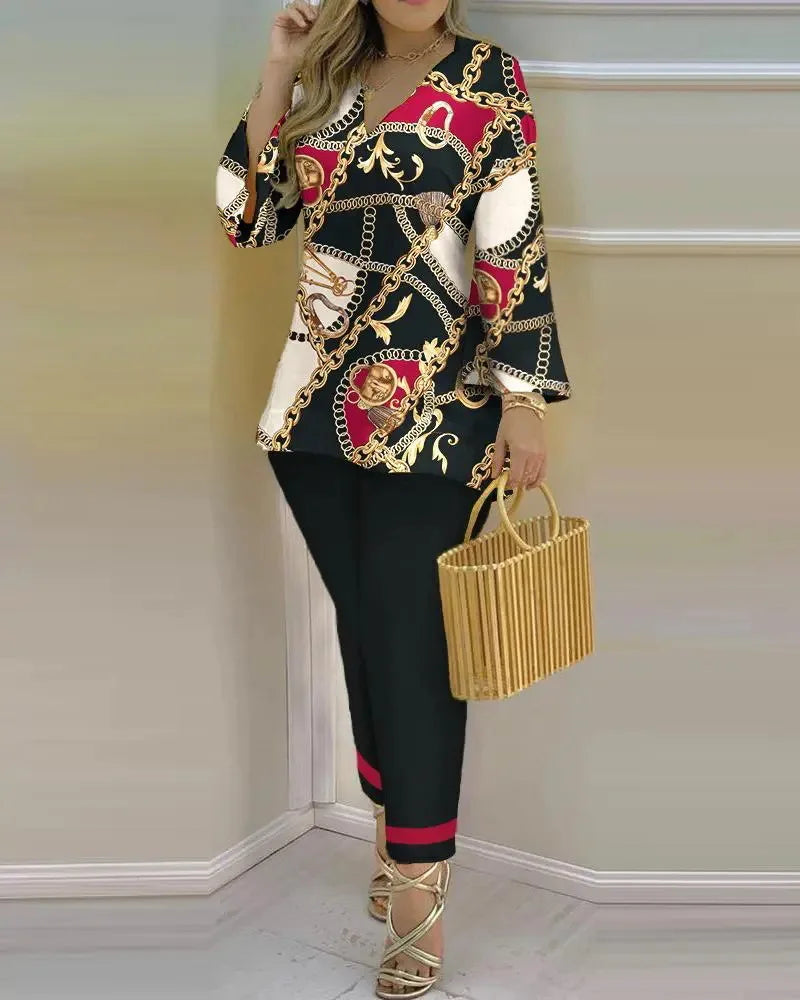 Women’s long sleeve V-neck polyester printing two-piece set, stylish and comfortable, featuring vibrant patterns and a modern design.