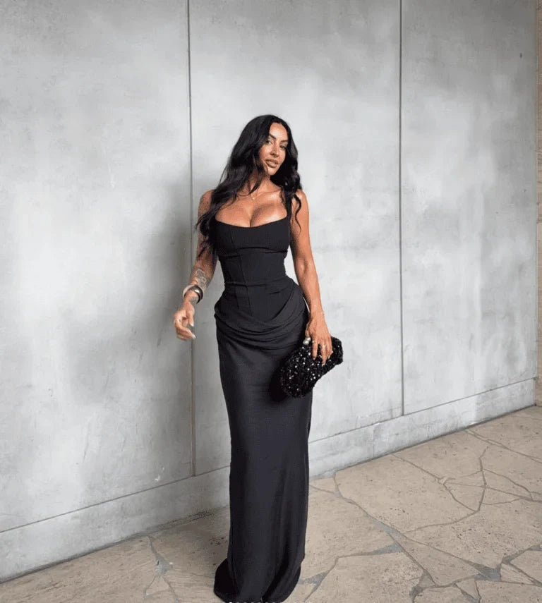 Elegant white sexy corset maxi dress by FLIPSTYLEZLLC featuring a long black evening gown with a fitted waist and flowing skirt for formal events.