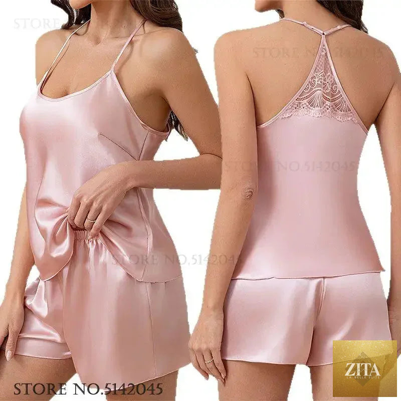 Sexy Suspender Pajamas Set Strap Top&shorts Loungewear Summer Silk Satin Sleepwear Intimate Lingerie Loose Home Clothes Pijamas