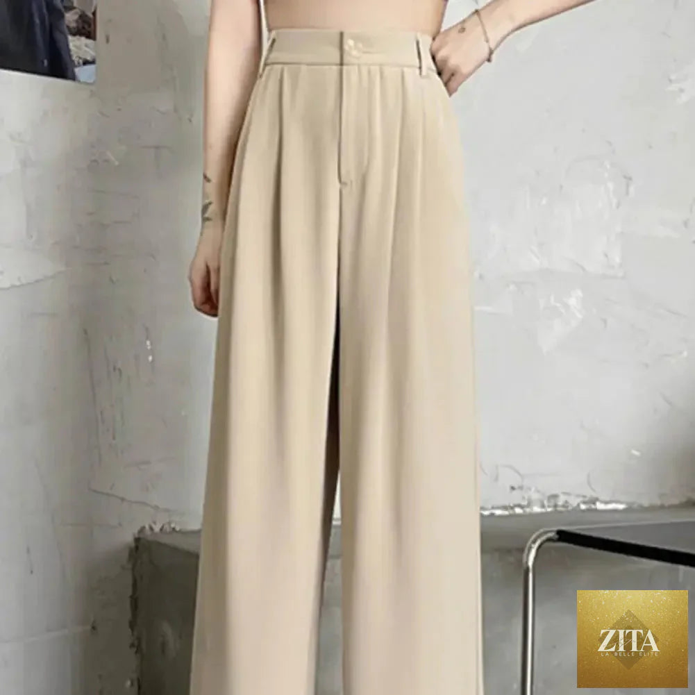 Women’s high waist wide-leg trousers by Ladyez, solid color office suit pants with elastic waist and slant pockets.