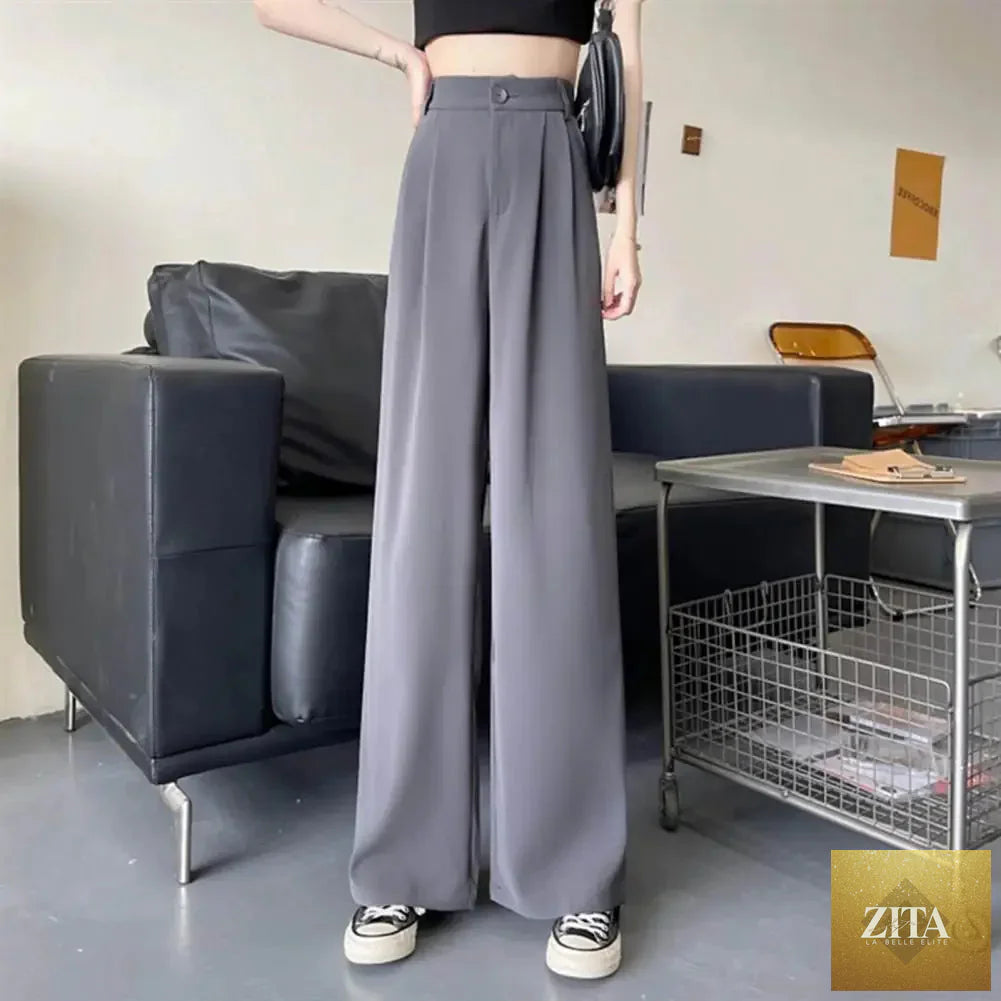 Women’s high waist straight wide-leg trousers by Ladyez, solid color office pants with elastic waist and slant pockets.