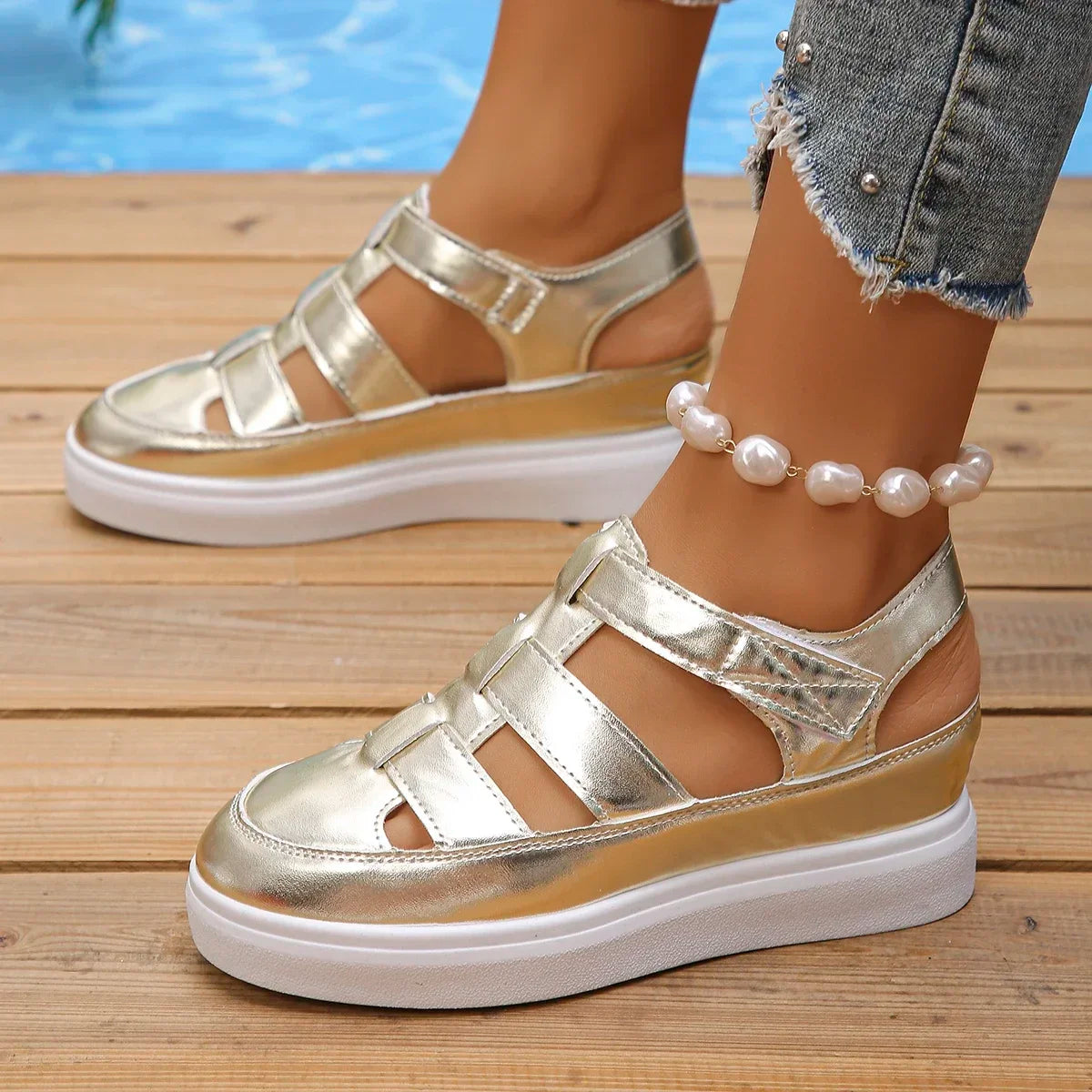 Women’s summer wedge sandals with hollow-out gladiator design, breathable thick sole, and platform heels, ideal for warm weather.