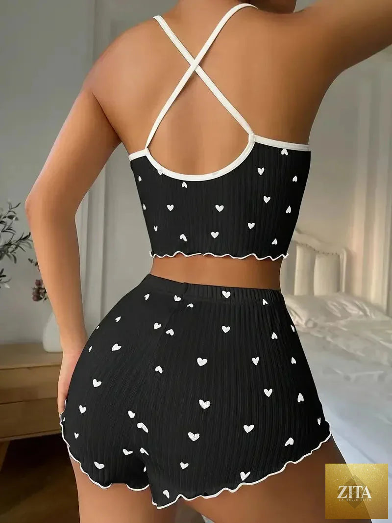 Sexy Sleepwear Women Pajamas Set Heart Print Silk Stain V-Neck Sleeveless Casual Cami Top and Shorts Sets Home Suit Loungewear