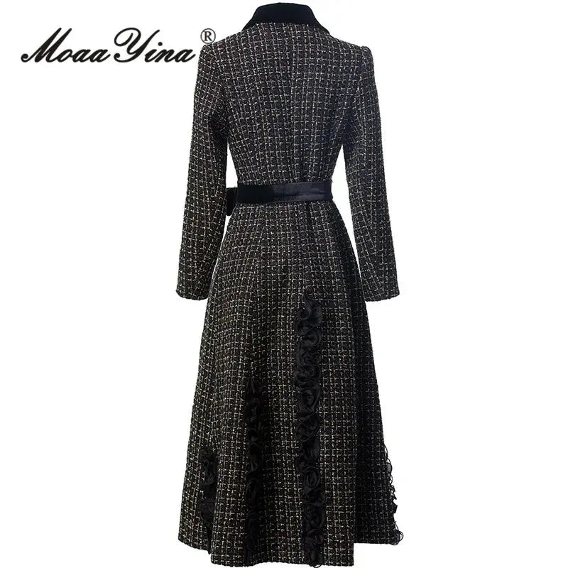 MoaaYina Winter Gray Black Coat With Grid Pattern And Double Breasted Lace Up Coat With Fungus Edge S-4XL ZITA LA BELLE ÉLITE