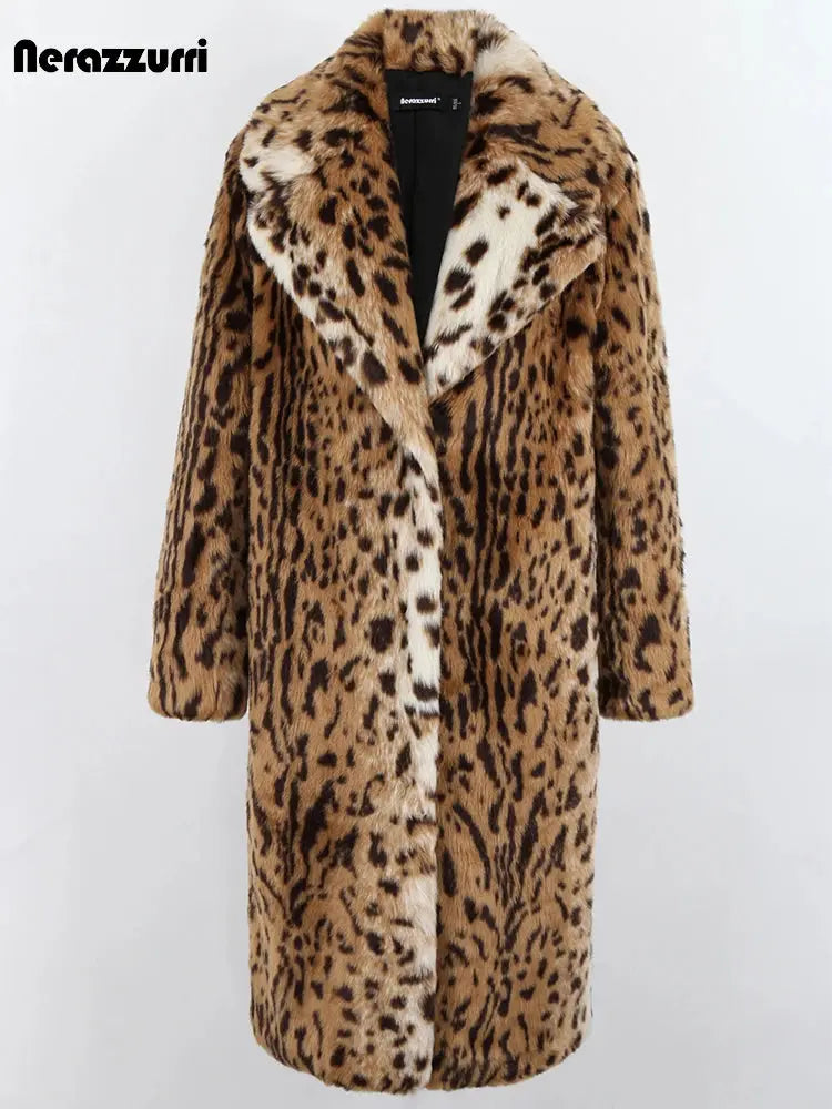 Nerazzurri Winter Long Loose Luxury Thick Warm Soft Fluffy Leopard Print Faux Fur Coat Women Lapel Runway European Fashion 2022 ZITA LA BELLE ÉLITE
