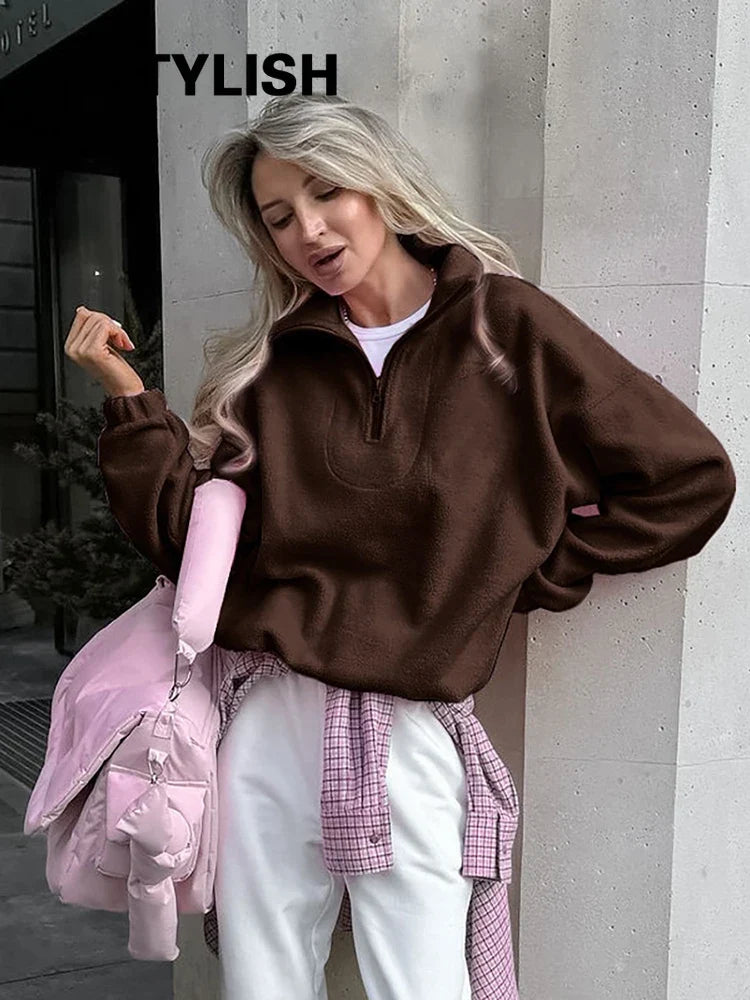 Women's autumn winter fleece hoodie by LadyShow, featuring a stand collar, zipper, loose fit, and solid color casual streetwear style.