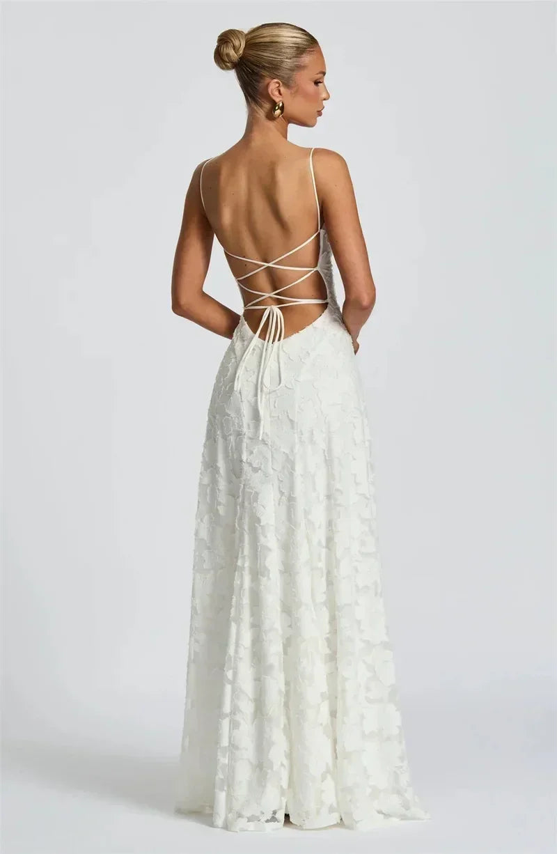 Femstylo women's backless spaghetti strap maxi dress with off-shoulder design, lace-up detail, perfect for evening and party wear.