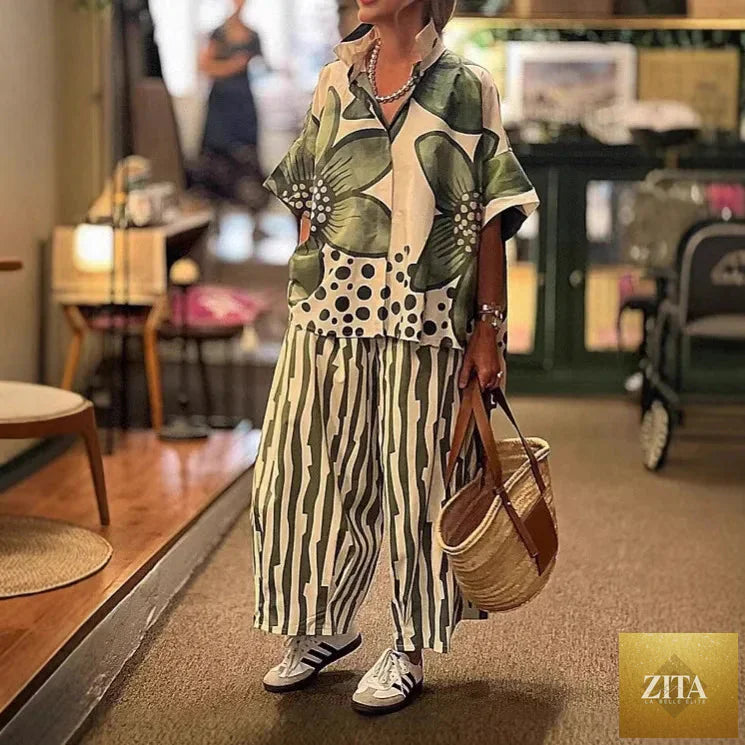 2 Piece Sets Women Summer Print Loungewear Long Pants Sets Vintage