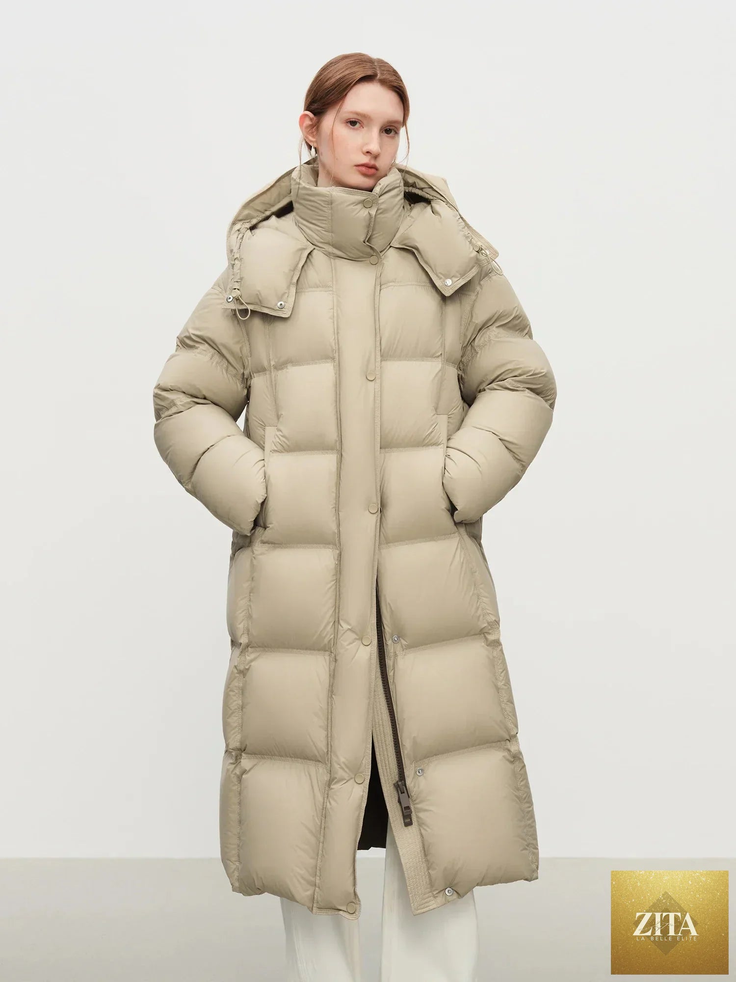FSLE 2025 Winter New Women's Long Puffer Down Coat with Hood Two-Tone Color Block Thermal Insulated Jacket Heavy Warm Outerwear
