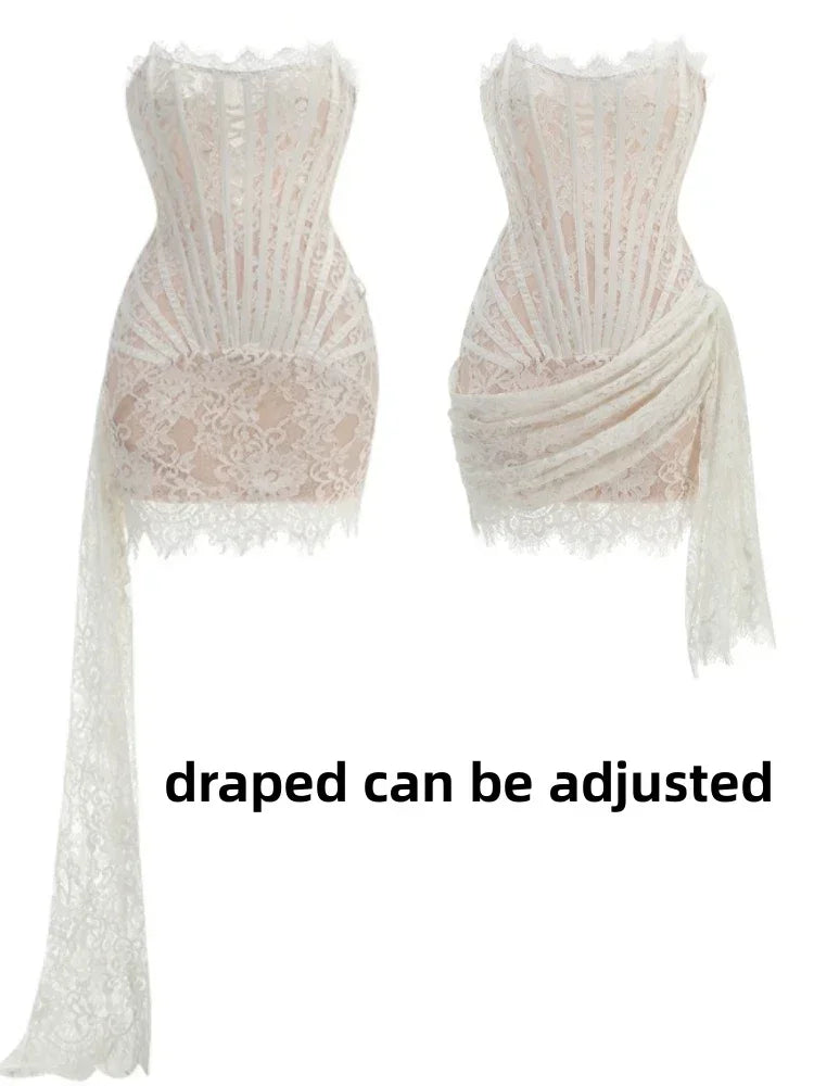 Black women's strapless lace corset mini dress with sleeveless design, lace-up detail, fitted bodycon style, perfect for parties and clubs.