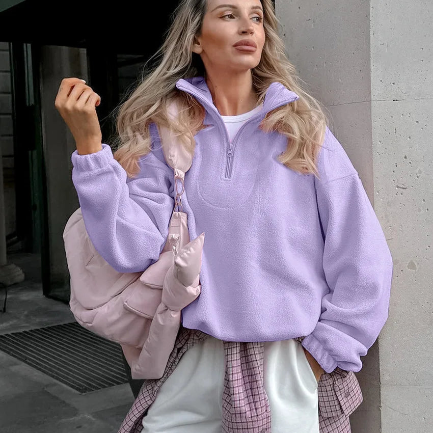 Women’s fleece hoodie from LadyShow.Store featuring a stand collar, zipper, and loose fit in an elegant solid design for casual streetwear.