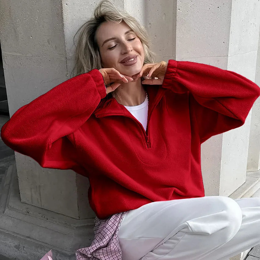 Women's autumn winter fleece hoodie by LadyShow.Store featuring a stand collar, zipper, loose fit, and solid pullover design.