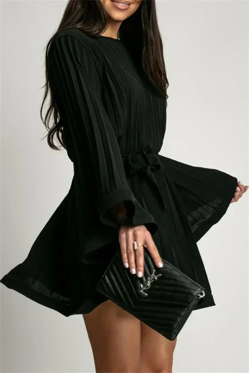 Femstylo 2025 elegant pleated mini dress with flared sleeves and lace-up design, perfect for summer fashion.