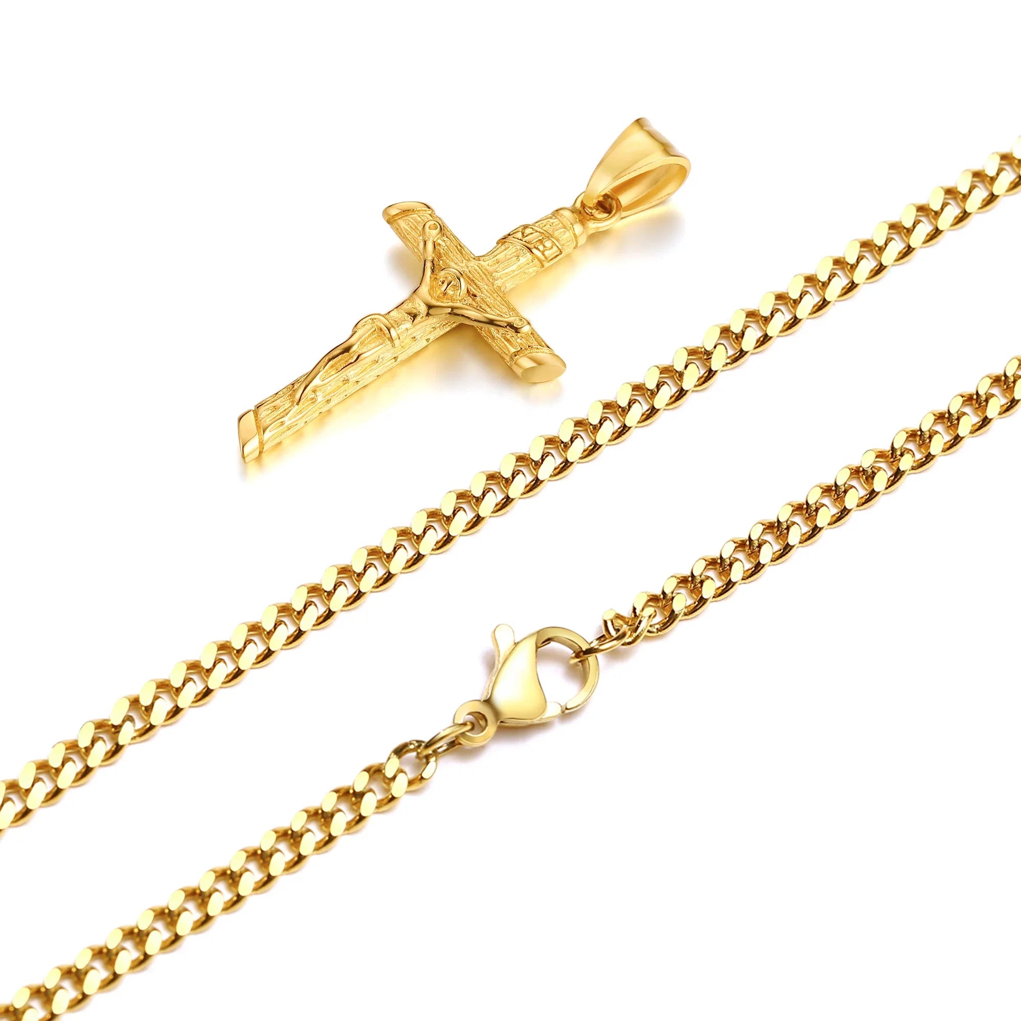 Stainless steel Catholic cross necklace with Jesus pendant in gold color, faith jewelry for men and women, prayer and gift accessory