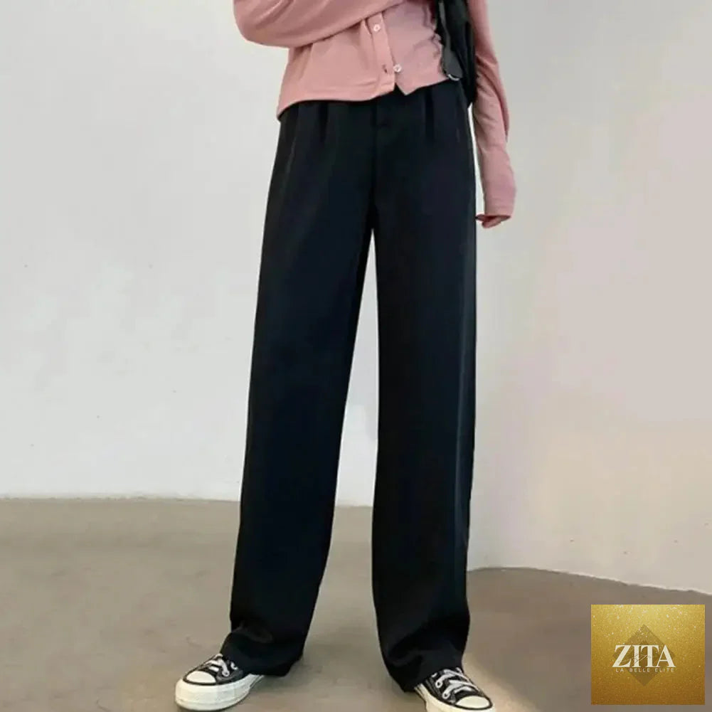 Women’s high waist straight wide-leg trousers by Ladyez with solid color, elastic waist, slant pockets, loose fit for office or casual wear.