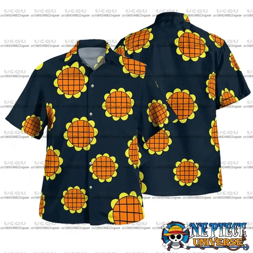 Luffy Dressrosa cosplay trousers and Hawaiian shirt set from One Piece by Infinite Visibility, featuring vibrant fabric and detailed design.