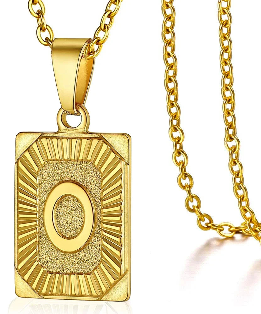 Initial pendant necklace for women and men featuring a stainless steel Cuba link chain with a square charm letter.