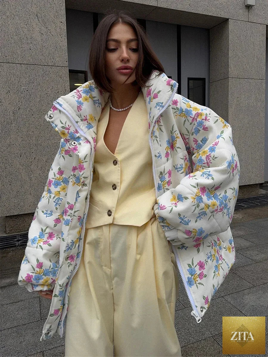 Bornladies floral print puffer jacket for women with stand-up collar, zipper closure, cotton filling, ideal for autumn winter wear.