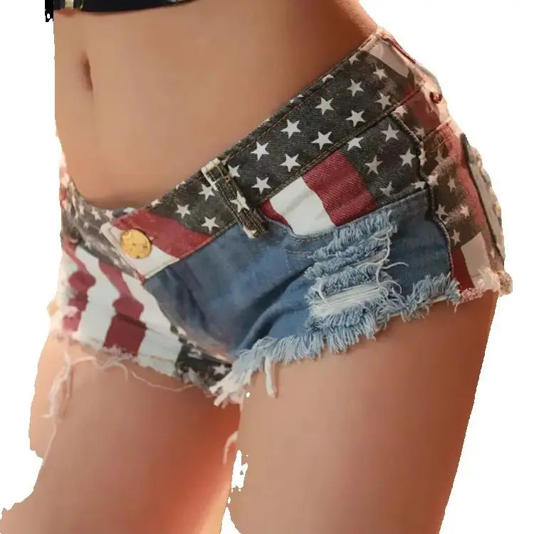Women's low-rise denim shorts with American flag print, ripped design, and a mini hot summer style by FLIPSTYLEZLLC.