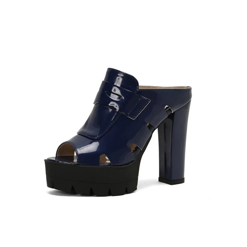 Women’s platform sandals with high chunky heels, patent leather finish, slip-on summer shoes, designed by LadyShow.Store.