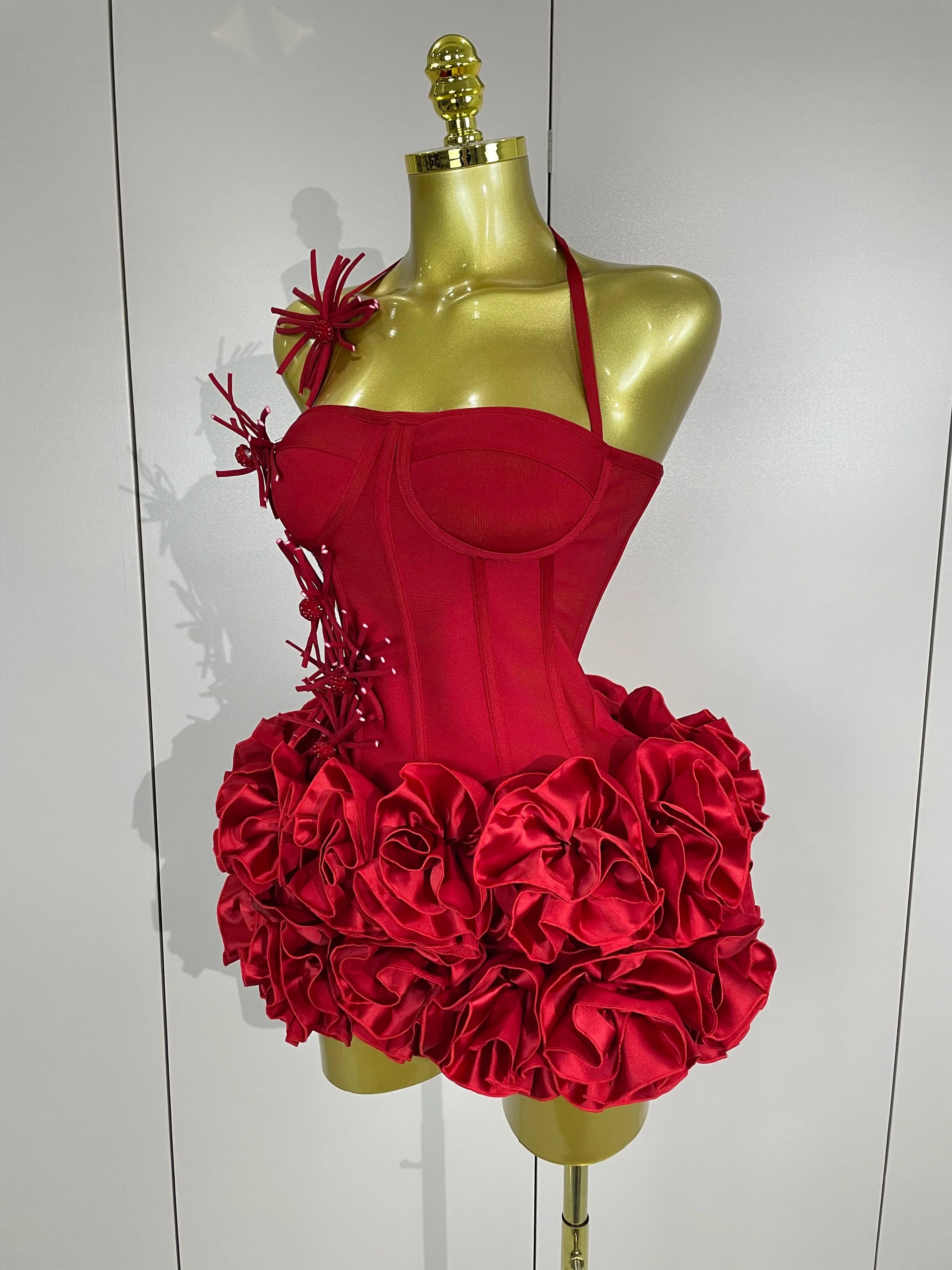 Elegant red and black halter prom gown and two-piece cocktail set by FLIPSTYLEZLLC, featuring bandage style for women’s luxury party fashion.