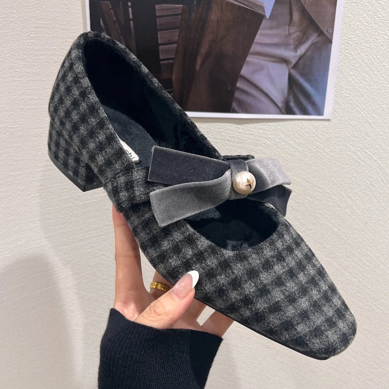 Elegant LadyShow.Store women's chunky heel Mary Jane shoe with bowknot, pearls, plaid print, ideal for autumn fashion and parties.