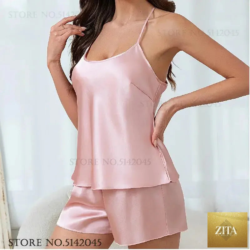Sexy Suspender Pajamas Set Strap Top&shorts Loungewear Summer Silk Satin Sleepwear Intimate Lingerie Loose Home Clothes Pijamas