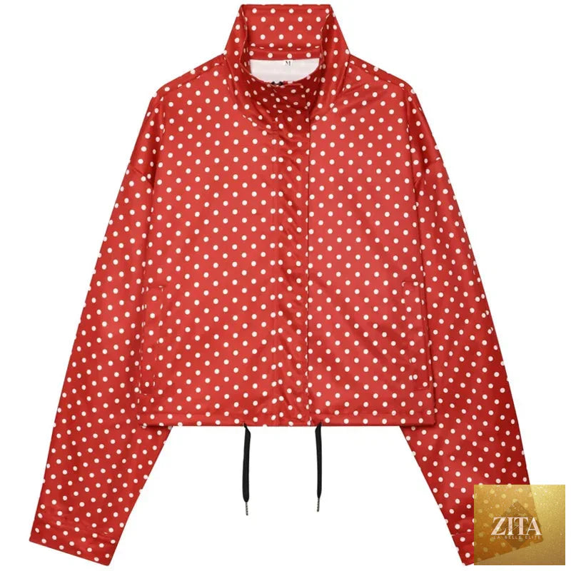 HXAO Polka Dot Bomber Jacket Women's Jackets Demi-Season Oversized Long Sleeve Top Outerwear Aviator Plus Size Zip Up Crop Coats