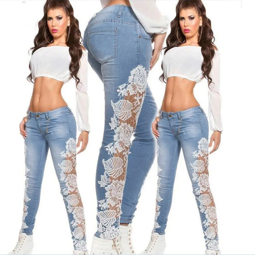 FLIPSTYLEZLLC women's floral lace pants with hollow out design, low waist slim fit denim jeans, large size, lifting buttocks.