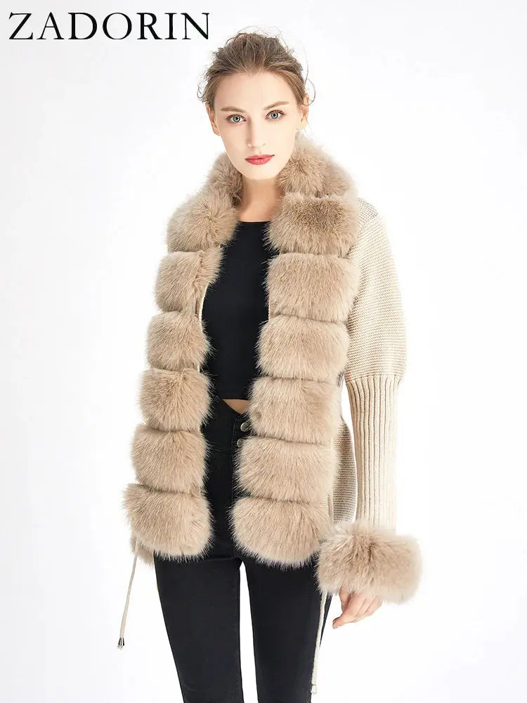 ZADORIN Fall Winter Women Faux Fur Coat Luxury Knitted Sweater Fur Cardigan Detachable Collar White Pink Jacket Faux Fur Coats ZITA LA BELLE ÉLITE