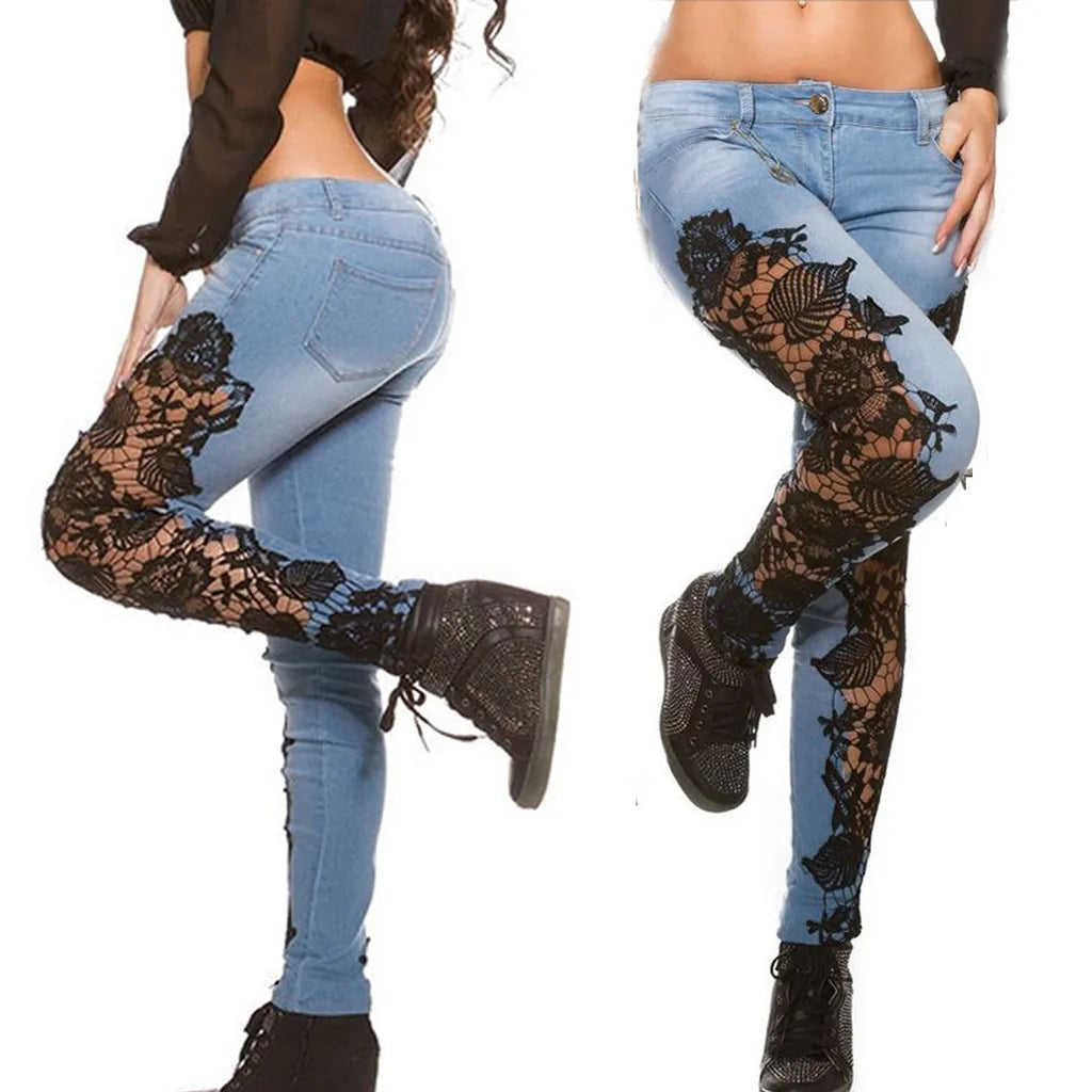 FLIPSTYLEZLLC women's low waist floral lace pants with hollow out design, slim fit denim jeans, large size, enhances buttocks.