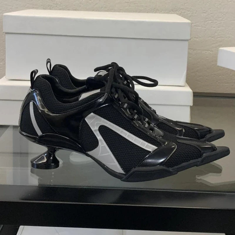 Silver lace-up women's sports heels with pointed toe, mesh design, and elegant punk style shoes for women.