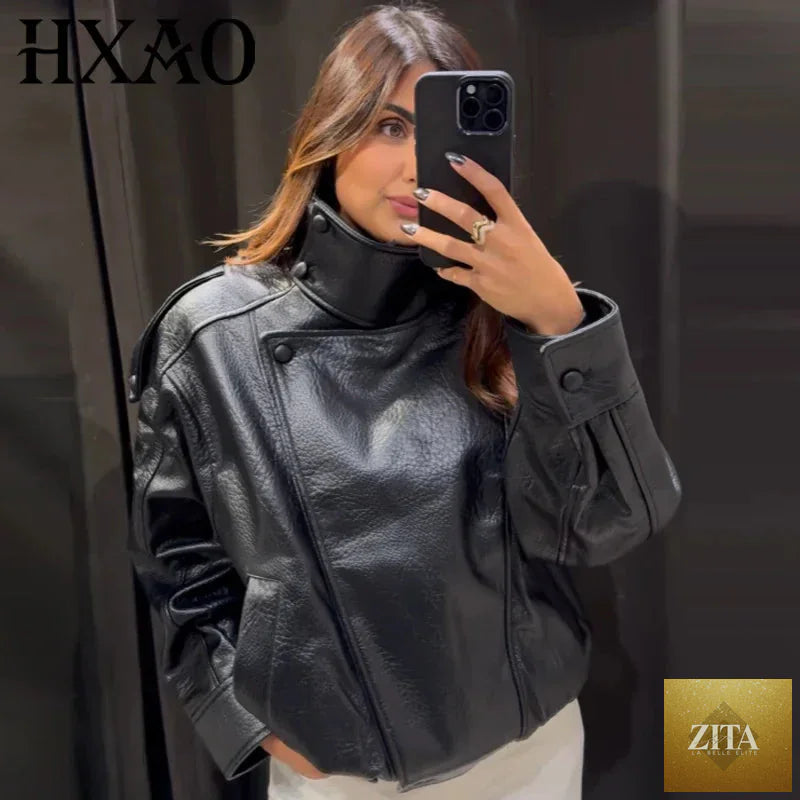 HXAO Faux Leather Black Jackets For Woman New Arrival Cropped Oversize Bomber Jacket Zip-Up Long Sleeve Coats Motorcycle Jackets