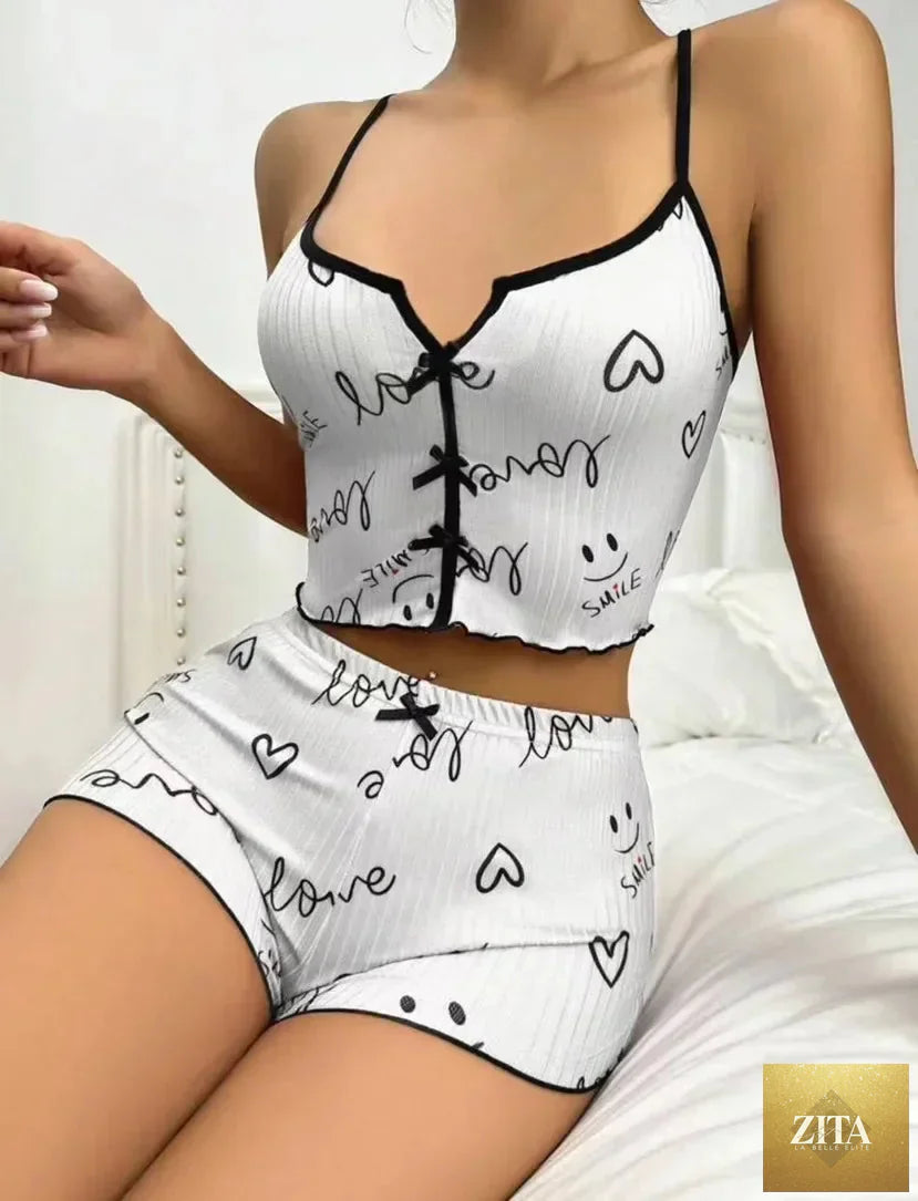 Sleepwear Women Pajamas Set Heart Print Soft Ribbed Fabric with Flirty Frill Trim Casual Cami Top and Shorts Sets Loungewear