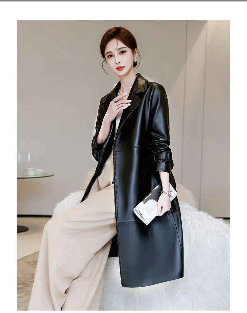 Women's Genuine Leather Trench Coat Lace-Up Long Slim Fit Spring Autumn Sheepskin Top ZITA LA BELLE ÉLITE
