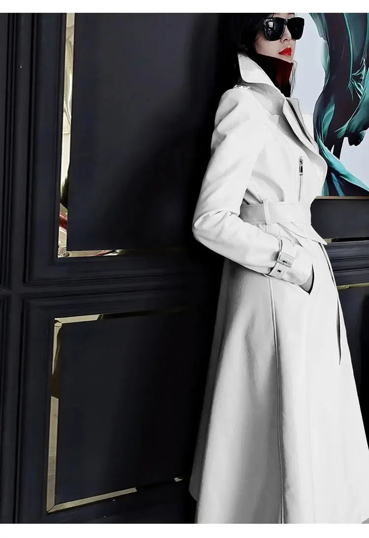 Mauroicardi Spring Autumn White Fitted Long Pu Leather Coat Women Zipper Belt Elegant Chic Luxury Designer Fake 2 Clothes 2024 ZITA LA BELLE ÉLITE