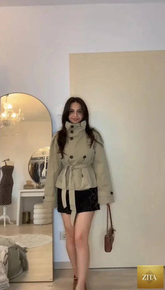 Belted Waist Cropped Trench Jackets Women Double Breasted Stand Collar Coats 2025 Autumn Chic Casual Vintage Jacket Women Cloth