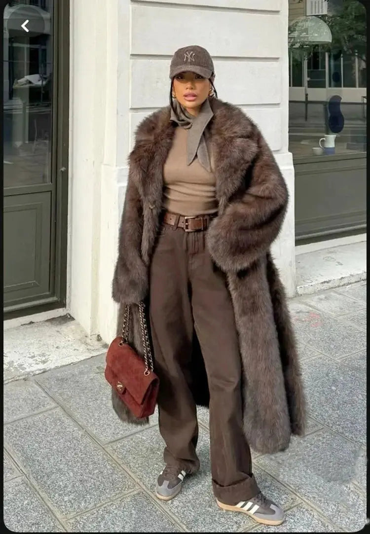 ZADORIN 120cm Super Long Luxury Winter Brown Faux Fur Coat Woman Elegant Belted Lapel Thick Fluffy Fur Jacket High Quality Coats ZITA LA BELLE ÉLITE