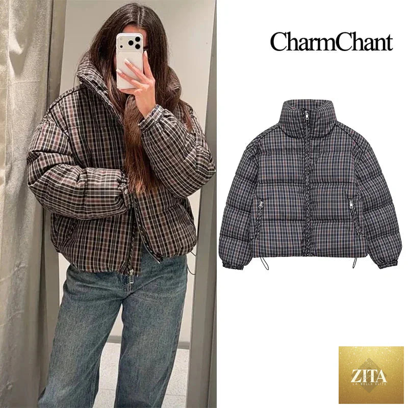 LadyShow.Store women's plaid puffer jacket with stand collar, warm padding, and check outerwear for winter 2025.