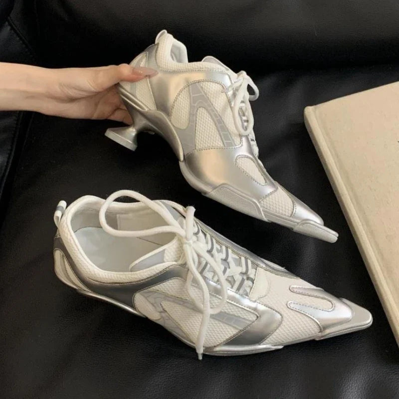 Silver lace-up women's sports heels with pointed toe, mesh design, and elegant punk style shoes from LadyShow.Store.