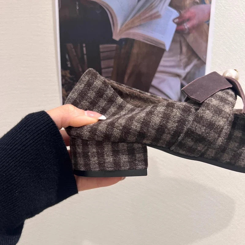 Elegant women's Mary Jane shoe with chunky heel, bowknot, pearls, plaid print, perfect for autumn fashion and parties.