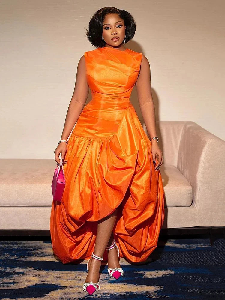 Women's elegant orange cinch waist cocktail maxi dress with sleeveless design, high waist, crew neck, perfect for dinner or parties.